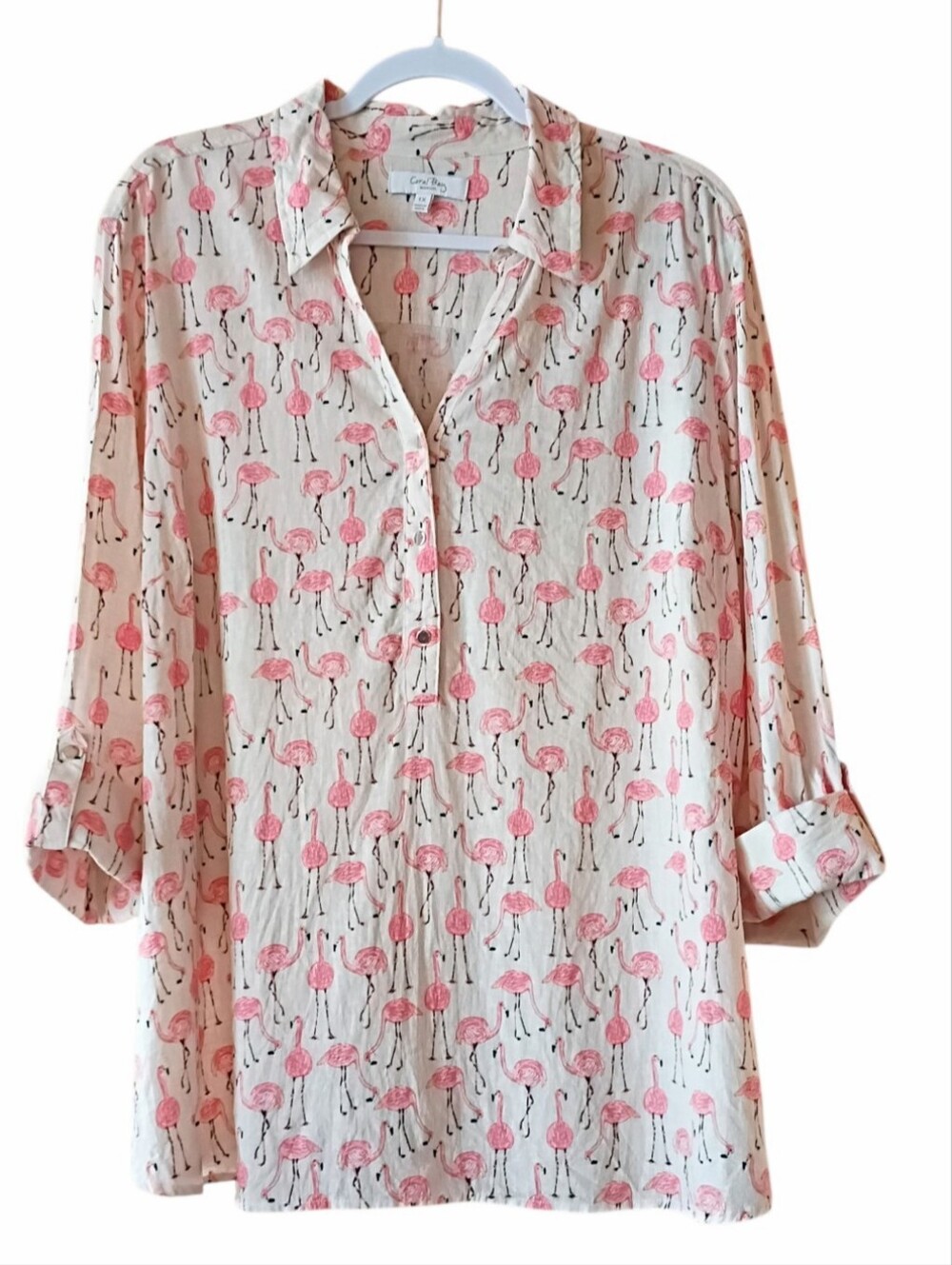 CORAL BAY Women's Top Cream Pink Flamingos Linen Blend Tunic Plus 1X